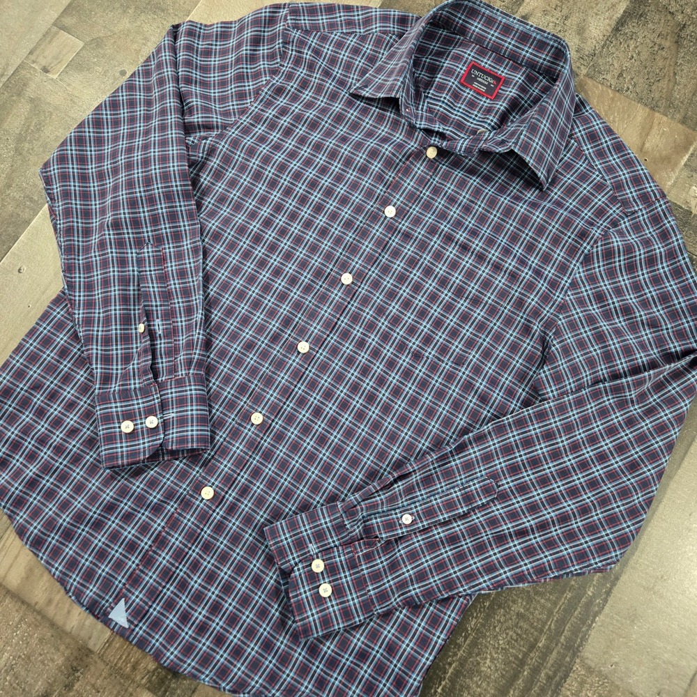 UNTUCKit "Pico" Check Plaid Button Up Shirt Long Sleeve Medium Navy Red
